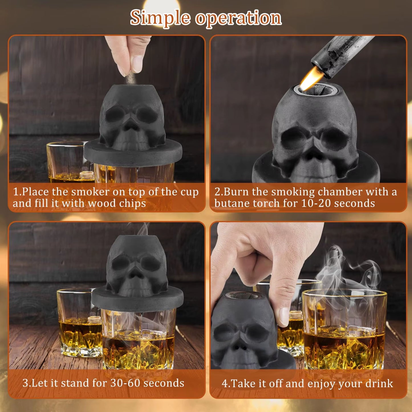 Skull Shape Cocktail Smoker Kit Ceramics Whiskey Smoker Infuser Kit Old Fashioned Drink Smoker Kit Birthday Gifts for Men Dad